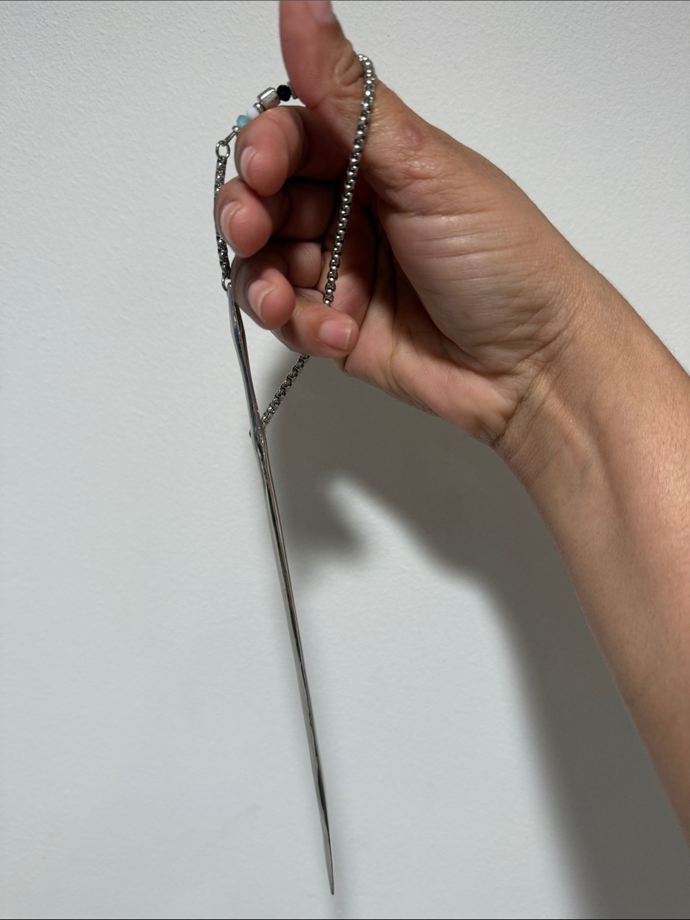 Silver Metal Hair Stick with Bead Accent and Chain